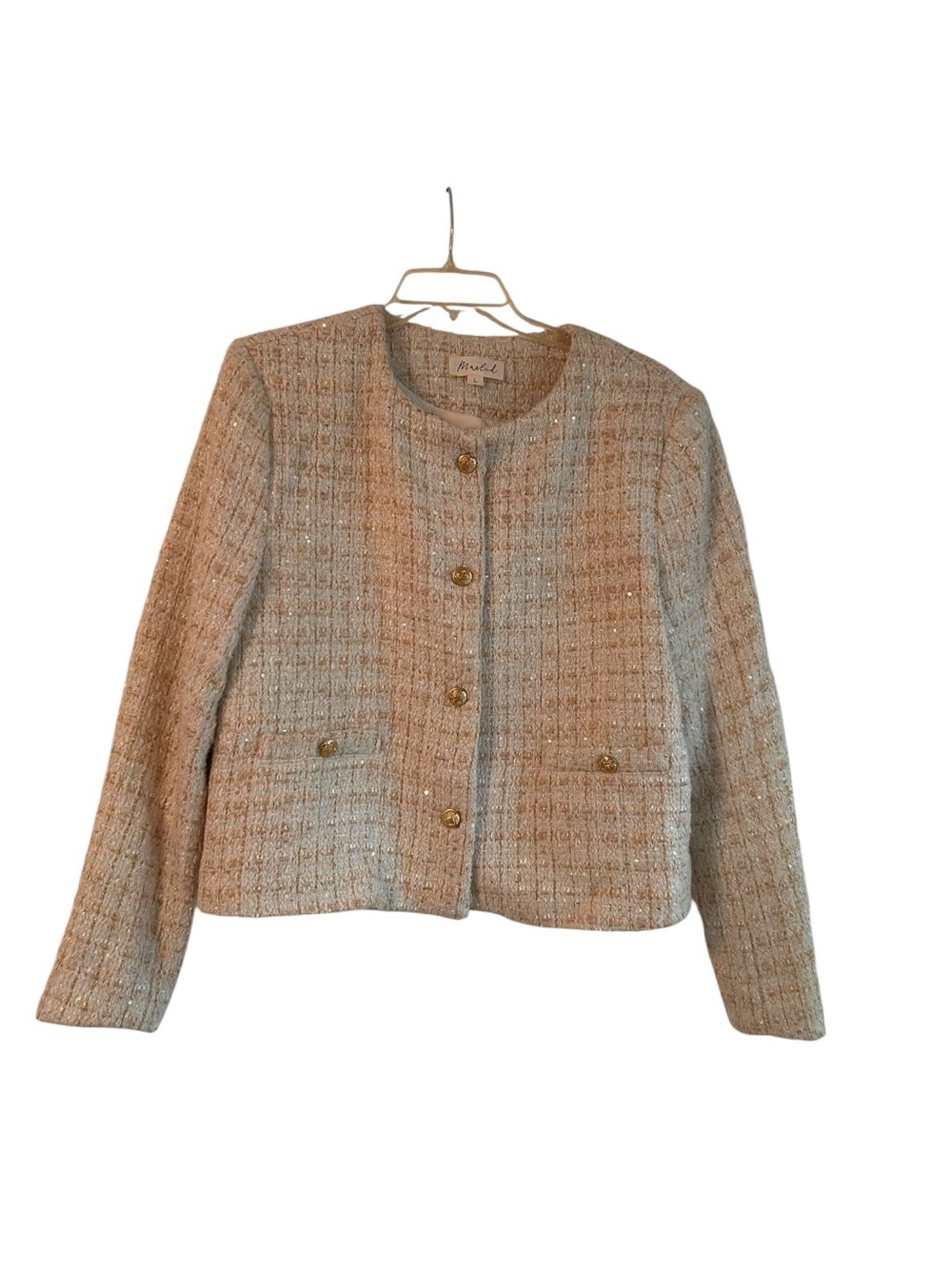 Marled cream gold tweed jacket with gold sequins buttons no collar Size L
